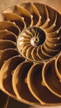 Vertical video: Pulling back, sliding inward, camera revealing spiral shell inner whorl in studio