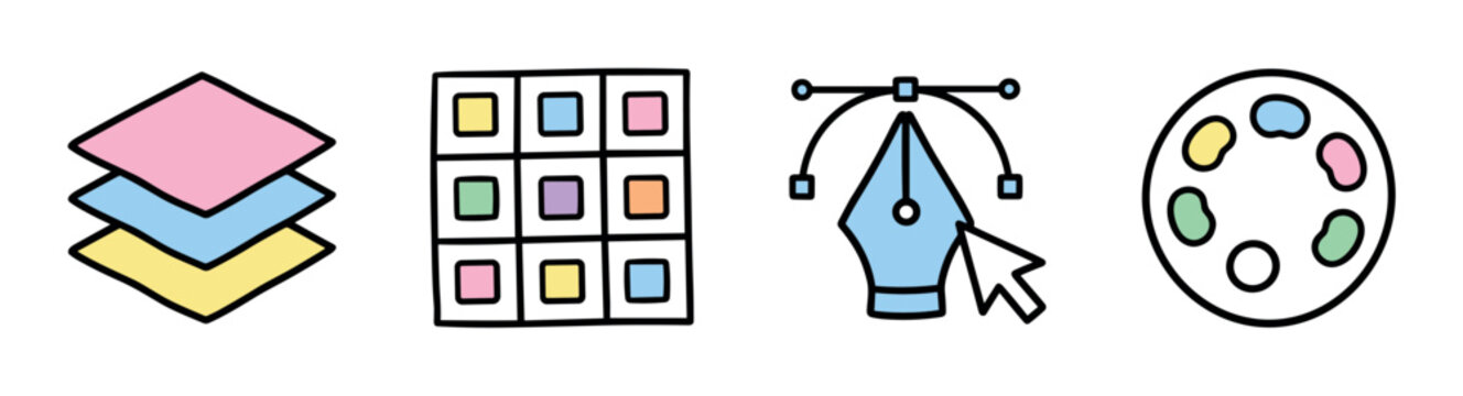Layers, color palette, grid, and pen tool icons representing graphic design and creative software tools in a doodle style vector illustration