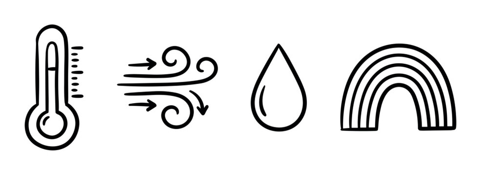 Thermometer wind drop rainbow weather forecast doodle icons set, hand drawn vector illustration for meteorology applications