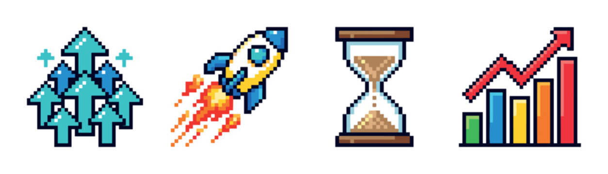 Arrows pointing up, rocket launch, hourglass, and bar chart with rising arrow pixel art icon set for business growth and time management concepts
