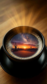 Surreal concept of a desert sunset with cactus and starry night sky inside a black coffee cup on a wooden table