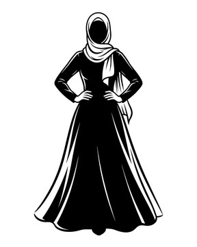 Black and White Vector Illustration of a Woman in Hijab and Abaya