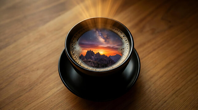 Surreal concept of a starry night sky and sunset over mountains inside a black coffee cup on a wooden table