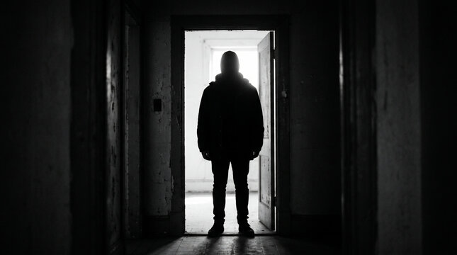 Enigmatic Figure in the Dark Hallway: A lone silhouette stands in a doorway, bathed in faint light at the end of a dark, mysterious hallway, evoking a sense of suspense and introspection.