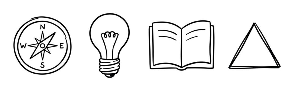 Compass lightbulb open book triangle icons set, hand drawn doodle style vector illustration for education and discovery concepts