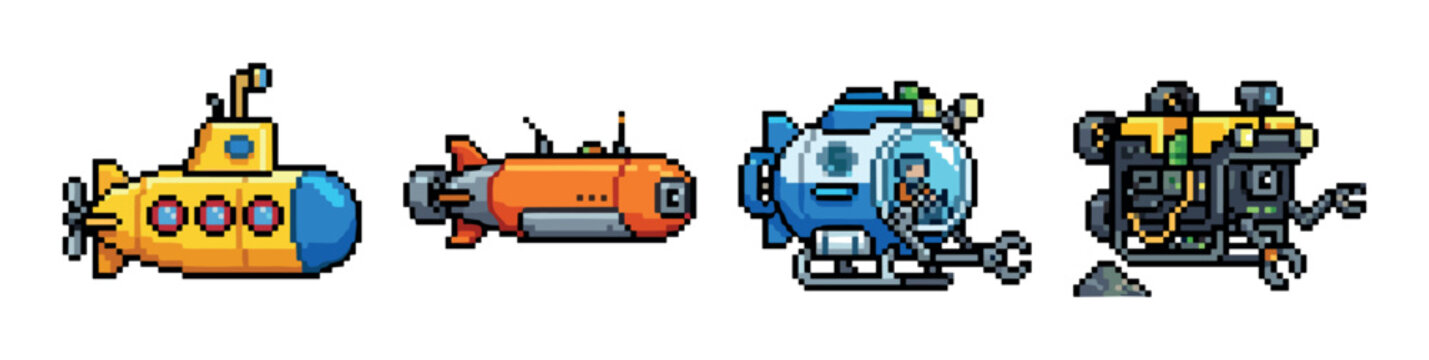 Submarine, bathyscaphe, deep-sea submersible, and underwater drone pixel art icons, perfect for retro video games or digital media projects