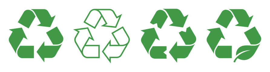Obraz premium Recycle symbol arrows green environmental icons set, representing sustainability, ecological responsibility, and waste management in a flat vector illustration style