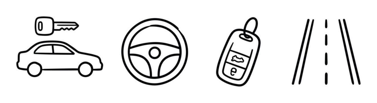 Car key, automobile, steering wheel, remote control, and road line icons, black and white doodle vector illustration set for transportation and driving concepts