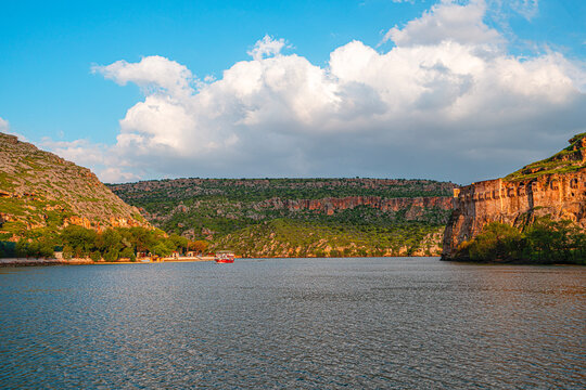 The scenic sunset views of the Rumkale, a ruined fortress on the Euphrates, located in the province of Gaziantep and 50 km west of Şanlıurfa, Turkey