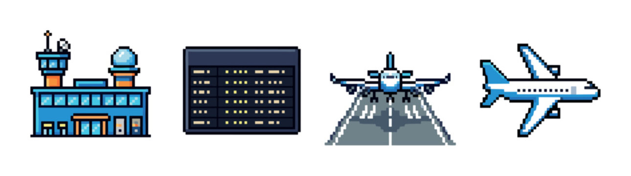 Airport building control tower flight information display board airplane taking off and flying pixel art icon set
