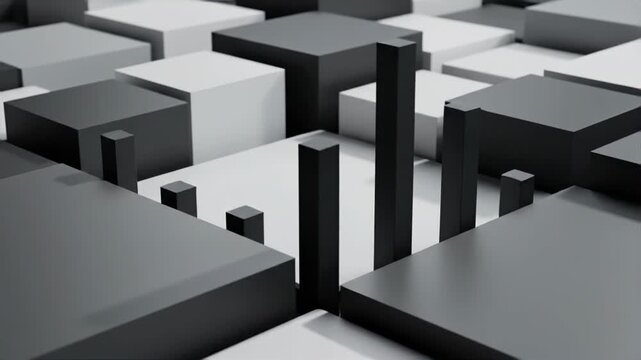 An abstract image showcases a geometric arrangement of black and white cubes and rectangular prisms, creating a dynamic and visually intriguing composition.