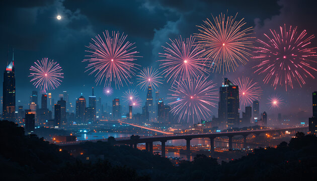 Fireworks shower the dark horizon with radiant light while tall bridge structures and distant city buildings stand silhouetted against the colorful pyrotechnic display on a clear night.