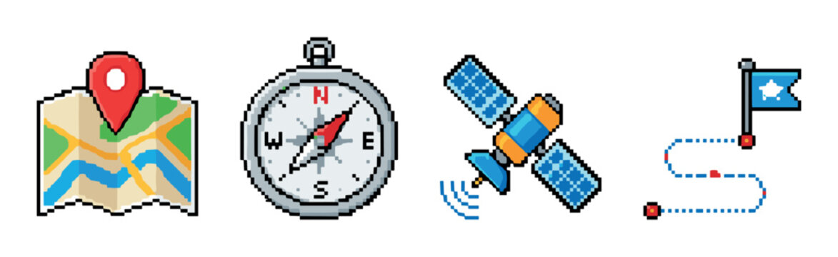 Map pin compass satellite flag route icons set, pixel art style vector illustration for navigation and location services