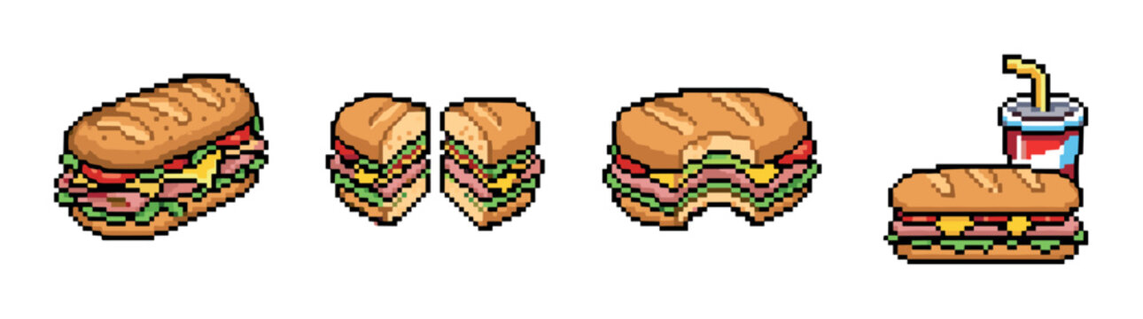 Sandwich sub hoagie hero baguette soda drink pixel art icons set, featuring various delicious fast food items in a retro 8-bit style
