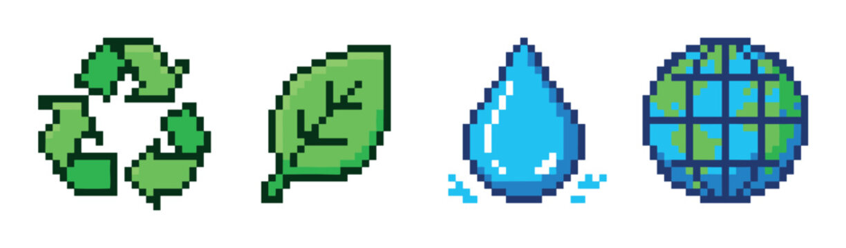 Recycle symbol, green leaf, water drop, and Earth globe icons in a pixel art style, representing environmental conservation and sustainability concepts