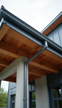 Modern house exterior shows grey metal roof edge with wooden beams underneath. Rain gutter system attached to building wall downspout. Clean lines on contemporary architecture.
