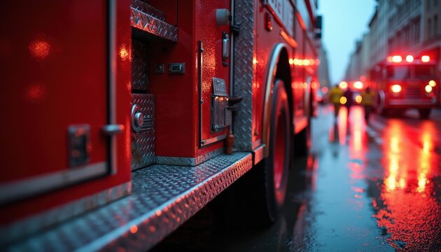 Red fire truck lights reflect on wet city street. Firefighters in yellow jackets respond to emergency. Rescue vehicles parked on wet road during night.