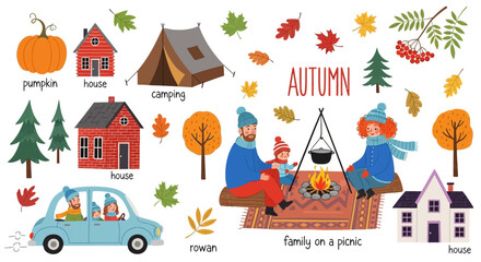 Naklejka premium Autumn, Family, Camping, Seasonal, Vector Icons, 25 Elements, Illustrations