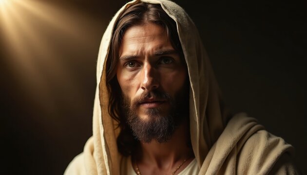 Man with beard and hood wears robe, looks at camera with divine light shining on face. Spiritual, religious, hopeful expression. Godly, sacred, peaceful aura.