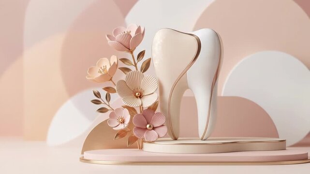 White tooth decorated with pink flowers on curved pink background. Dental health and beauty concept. Illustrative design for oral care promotion and hygiene awareness