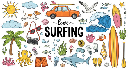 Naklejka premium Surfing icons, beach symbols, summer stickers, colorful vector graphics, ocean illustrations