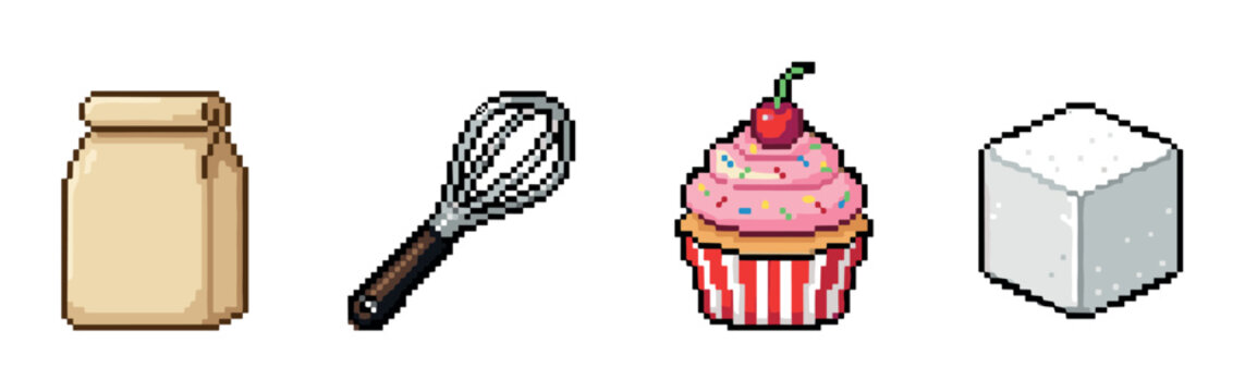 Baking ingredients and dessert pixel art icons including a flour bag, whisk, cupcake, and sugar cube in a retro video game style
