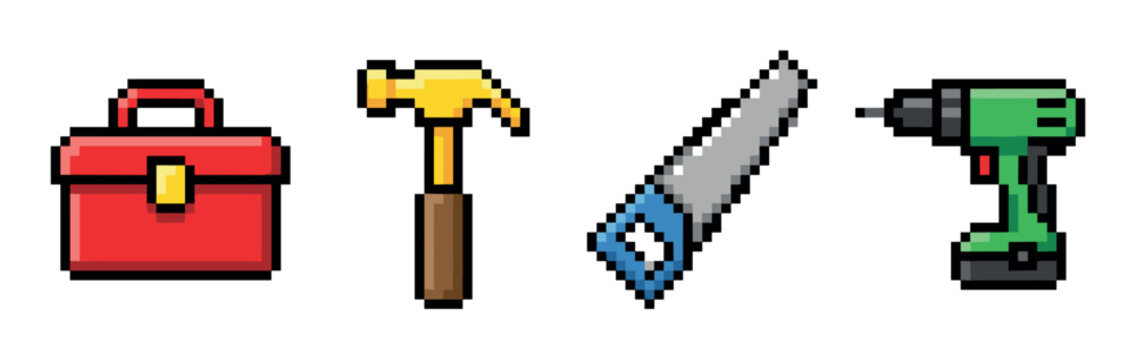 Red toolbox, golden hammer, gray saw, and green drill pixel art icons, retro 8-bit style vector illustration set for construction and repair work