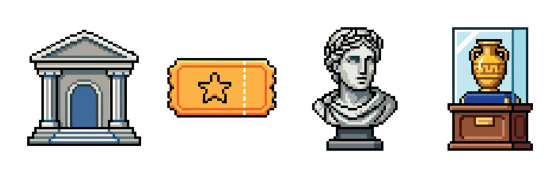 Museum building ticket bust sculpture ancient vase display case pixel art style vector illustration set for cultural heritage and exhibition concepts