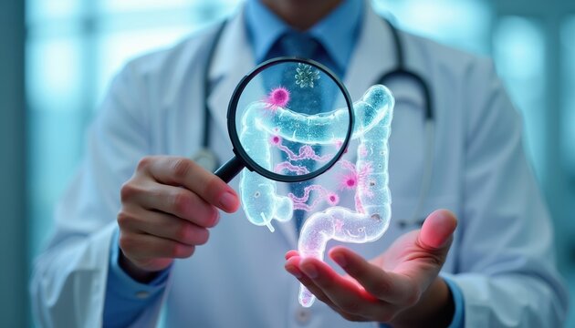 Doctor holds glowing intestine model. Magnifier shows bacteria and microbes. Focus on gut health, microbiome, and digestive system analysis in science and medicine.