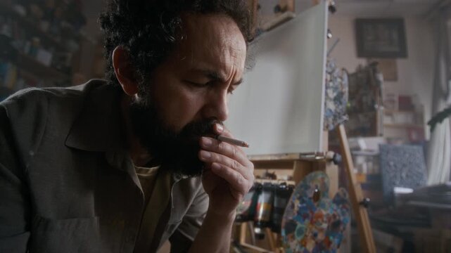 Melancholic middle age artist sitting near blank canvas in cluttered workshop, smoking cigarette deep in reflection while experiencing creative block