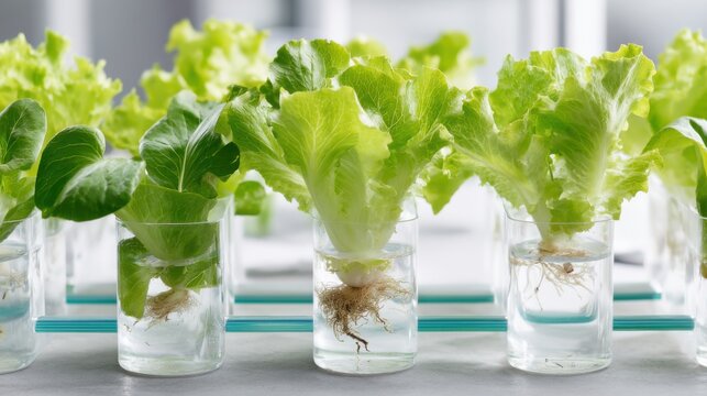 Hydroponic lettuce seedlings in glass jars, visible roots suspended in clear water, bright windowsill or balcony setup, minimalist kitchen aesthetic with natural sunlight, DIY grower vibe showcasing