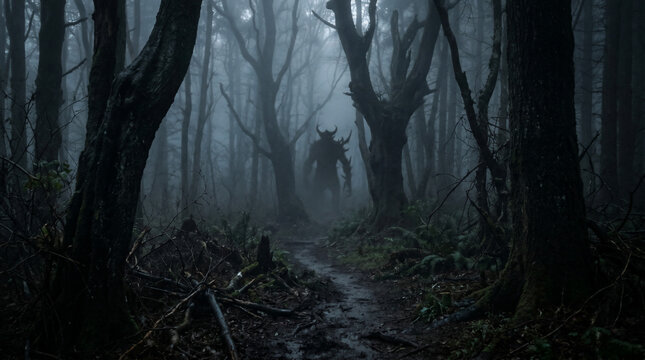 Sinister Figure in a Misty Forest: A shadowy, monstrous entity with horns and menacing features stands ominously on a dirt path deep within a dark, mist-shrouded forest.