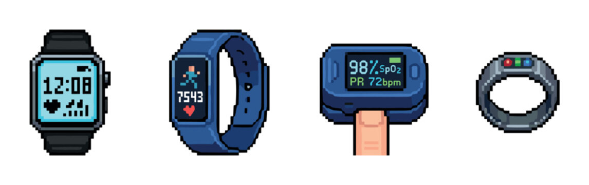 Smartwatch fitness tracker pulse oximeter smart ring pixel art style vector illustration set for health monitoring and wearable technology