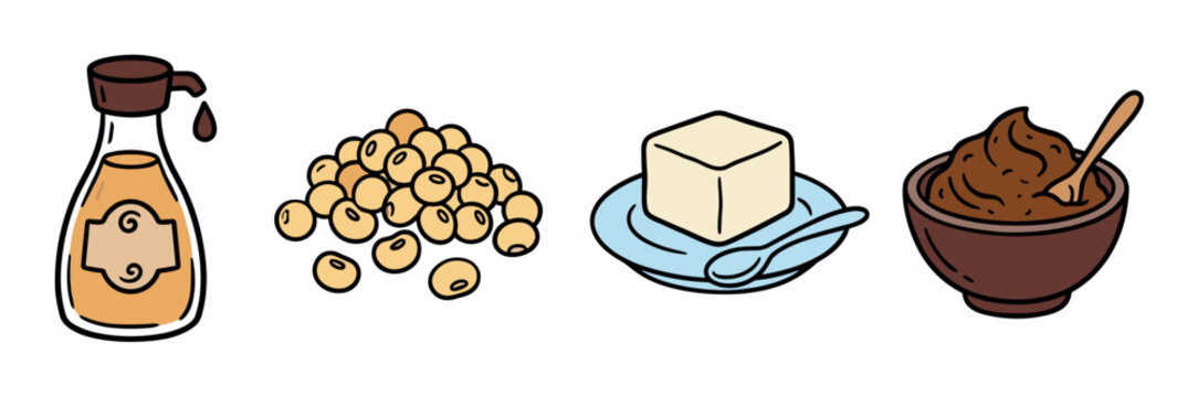 Soy sauce bottle, soybeans, tofu block, and miso paste bowl with spoon, hand-drawn vector illustration set