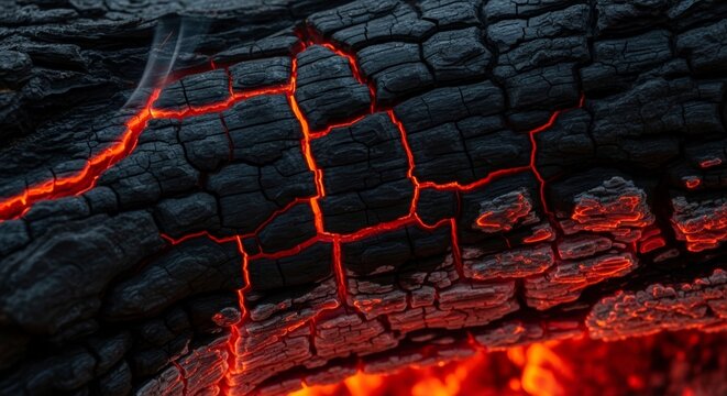 Glowing embers hidden deep inside a burnt wooden log creating a dramatic fiery background.