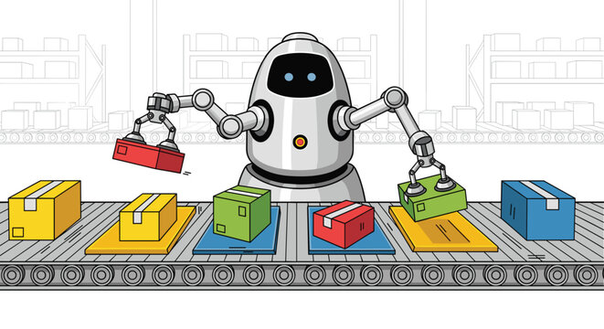 Cartoon robot working in a smart warehouse, sorting colorful boxes on a conveyor belt automation, logistics, and artificial intelligence technology concept illustration