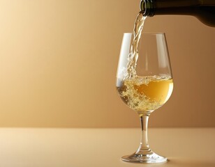 Obraz premium White wine pours into clear glass from bottle. Golden liquid creates bubbles and splashes. Studio shot with beige backdrop and copy space. Elegant drink preparation.