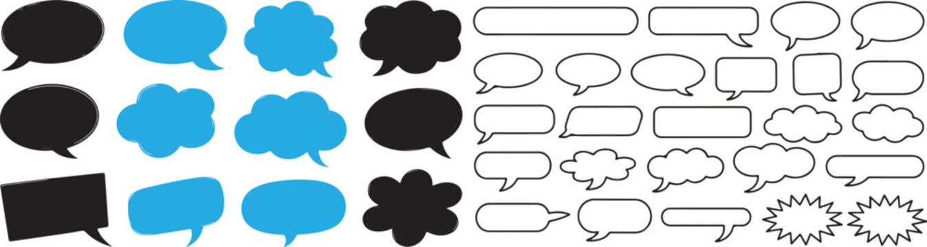 Diverse collection of speech bubble icons in blue and black colors for messaging and chat
