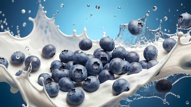 Blueberries fall into a bowl of milk, creating large splashes. The action takes place in a modern kitchen with bright lighting, showcasing the freshness of the ingredients.