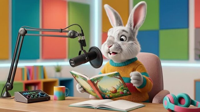 White rabbit character reading colorful storybook at podcast desk with microphone. Anthropomorphic bunny storyteller sharing adventure tale. Cute audio content creation for children entertainment and