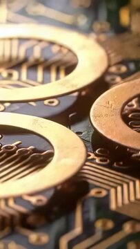 Vertical video: Camera panning PCB upward on bench, inspecting three gold rings and copper traces
