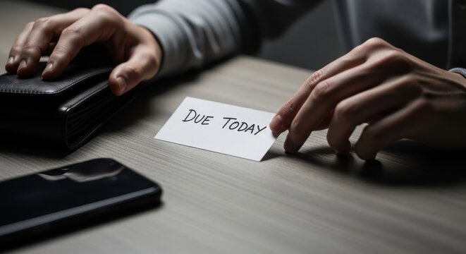 Close-up of a person's hands wearing a casual long-sleeved shirt, placing a stark white paper note with the urgent handwritten message 'DUE TODAY' on a textured