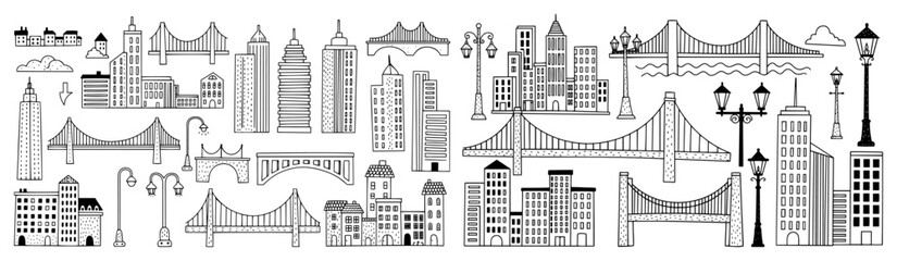 Fototapeta premium Cityscape elements set with skyscrapers, bridges and street lamps, urban architecture hand drawn doodle illustrations