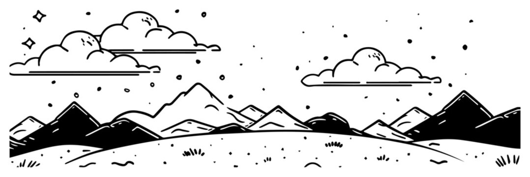 Minimalist mountain range panorama with clouds and starry sky, simple outdoor nature landscape vector