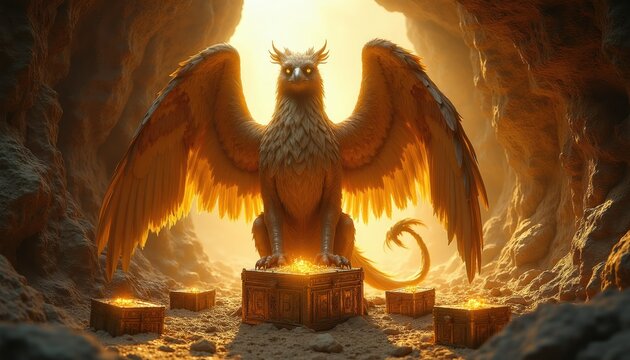 Majestic griffin protects gold treasure inside dark cave. Mythical creature with eagle head, lion body stands guard over ancient riches. Dramatic lighting highlights powerful beast, strength security.