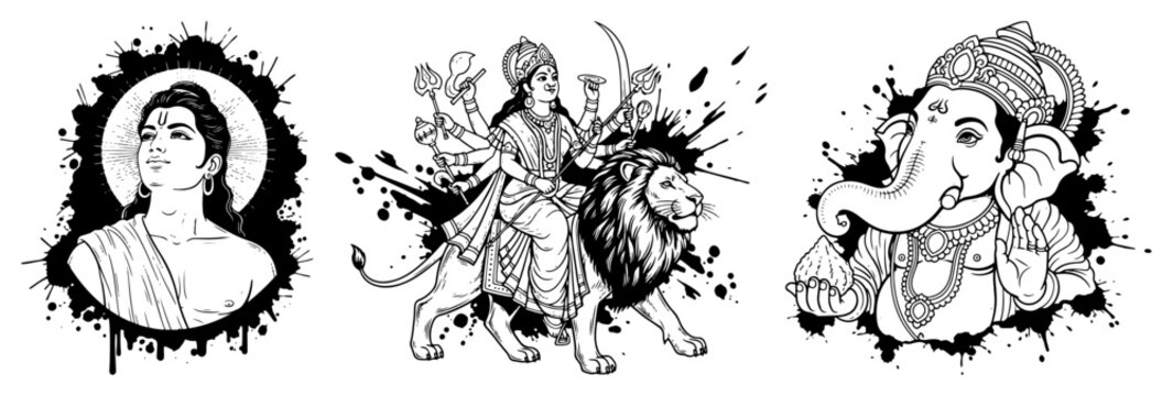 Hindu deities collection including Ganesha and Goddess Durga on lion, spiritual Indian gods with ink splatter