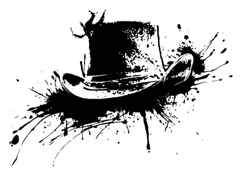 Vintage cowboy hat with ink splatter grunge effect, western style fedora hat vector illustration for apparel