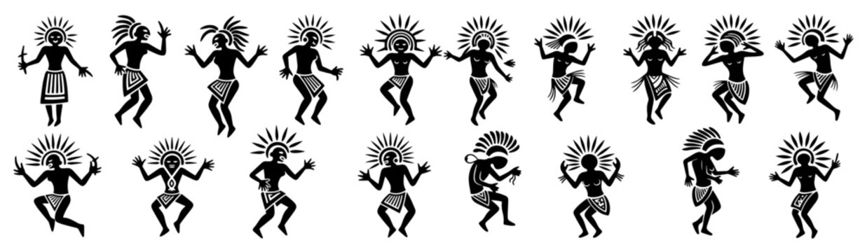 Tribal dancing figures set, primitive ethnic silhouette dancers, ancient ritual cave art style vector