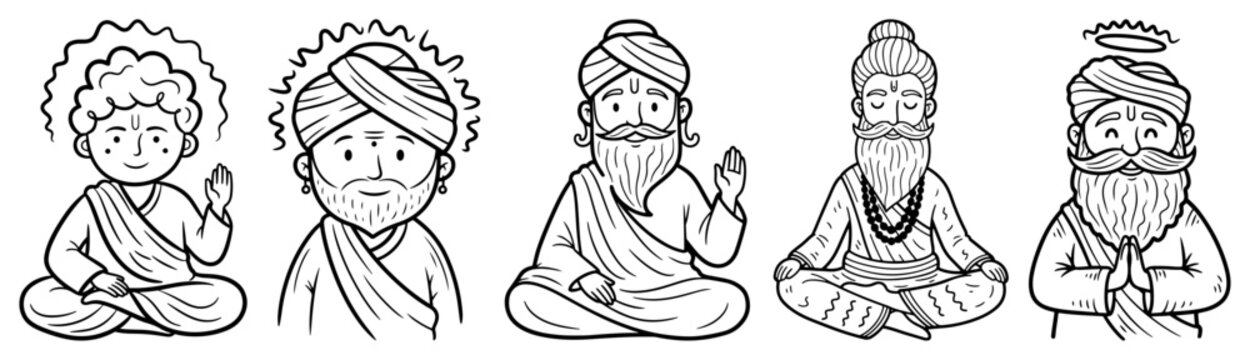 Indian gurus and yogis set, cute cartoon spiritual masters characters, meditating holy men vector illustrations
