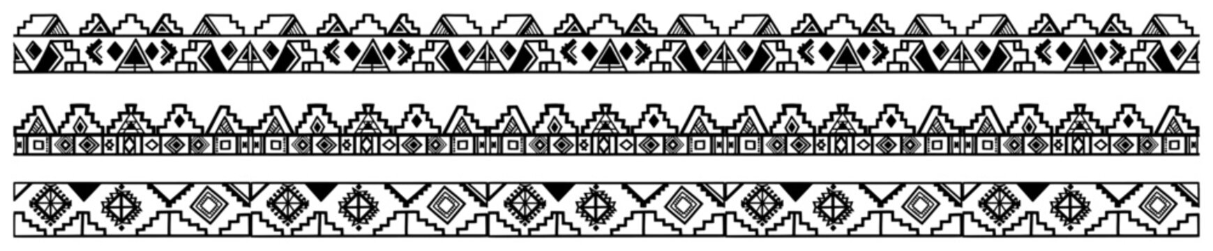 Geometric ethnic seamless borders set, tribal Aztec and Mayan pattern ornaments, native american design elements